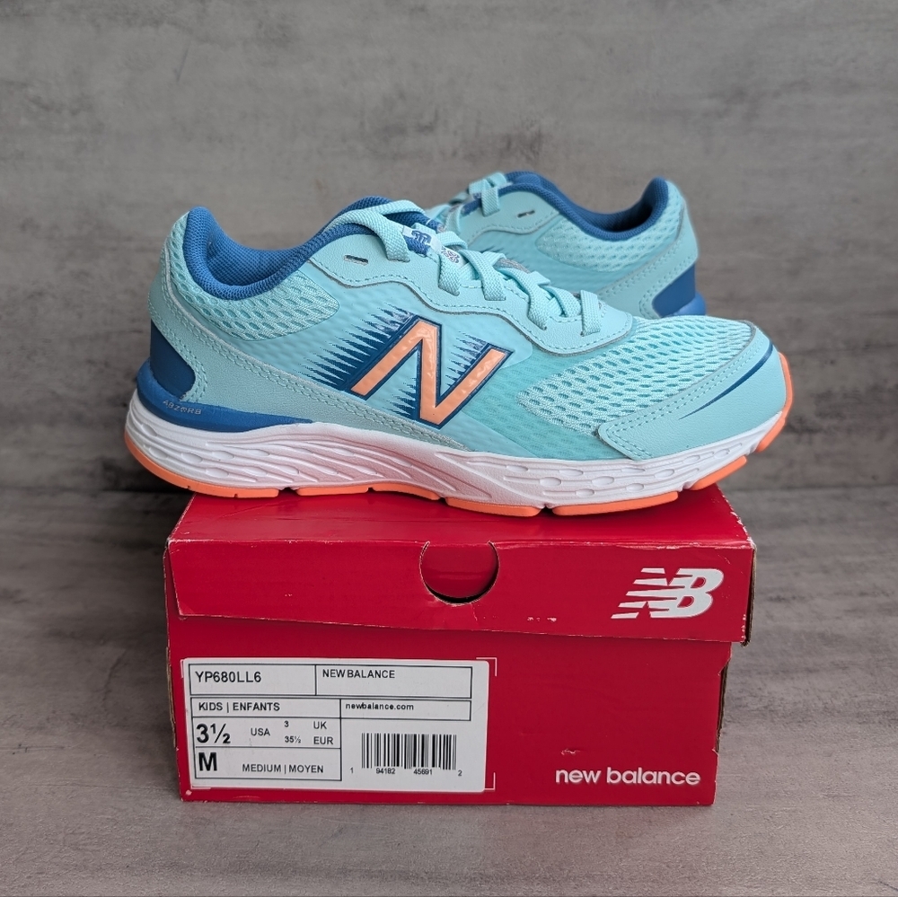 New Balance Kids 680 V6 Bali Blue Coral Pink Running Shoe Sneaker Size 3.5